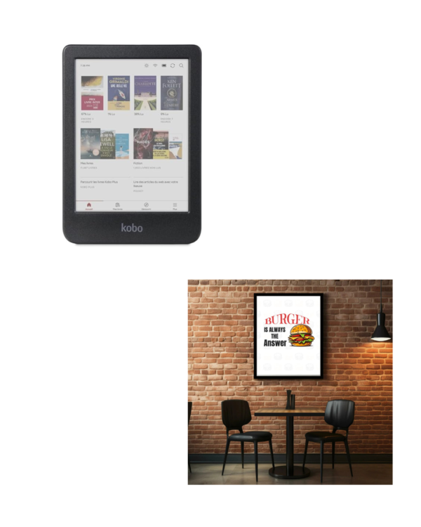 Kobo Clara Colour | eReader | 6″ Glare-Free Colour E Ink Display | Dark Mode Option | Waterproof | Audiobooks | 16GB of Storage | Black + Burger wall print for cafes and restaurant [digital downloads]